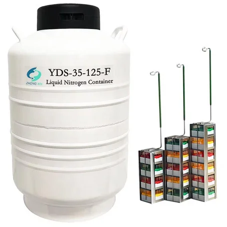 FinolaMED YDS-35-125-F rackli sıvı azot numune saklama tankı ve renk kodlu rack sistemi